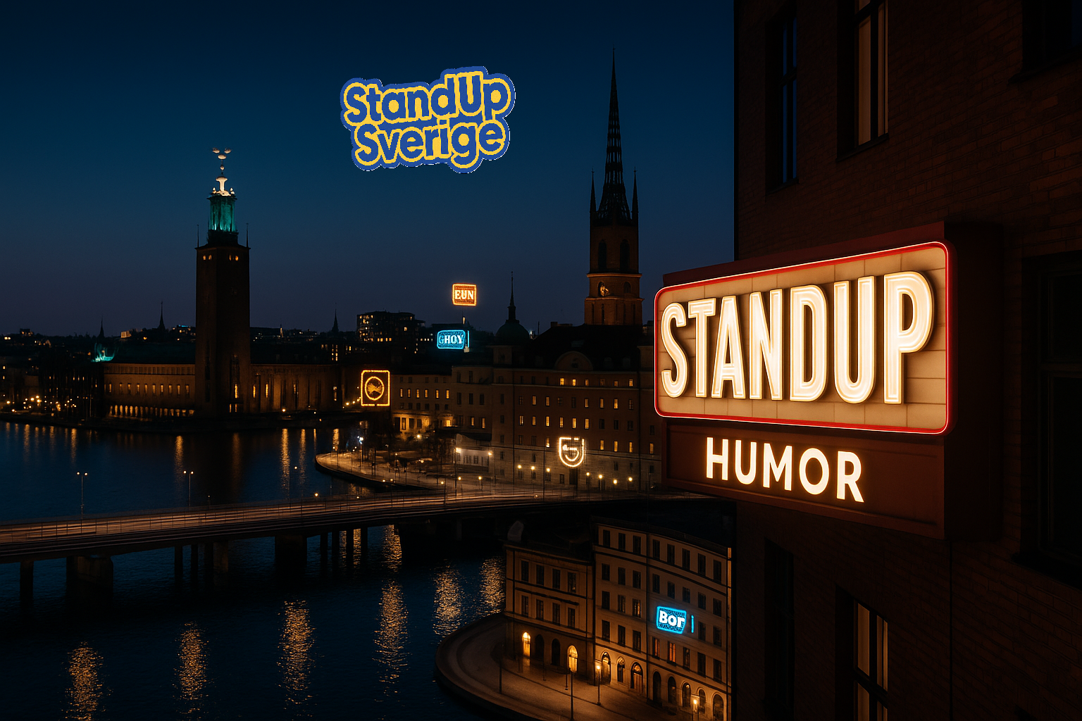 Nattvy över staden med Standup Humor-skylt och StandUp Sverige-logga Upplyst stadsbild med neonfärgade skyltar 'Standup Humor' och StandUp Sverige-logga vid vattnet.