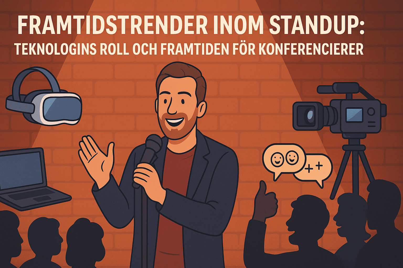 FrFramtidstrender inom standup – teknologins roll och framtiden för konferencierer Illustrerad affisch med texten "Framtidstrender inom standup: teknologins roll och framtiden för konferencierer" som visar en man med mörkt hår och skägg, VR‑glasögon, videokamera och publik.