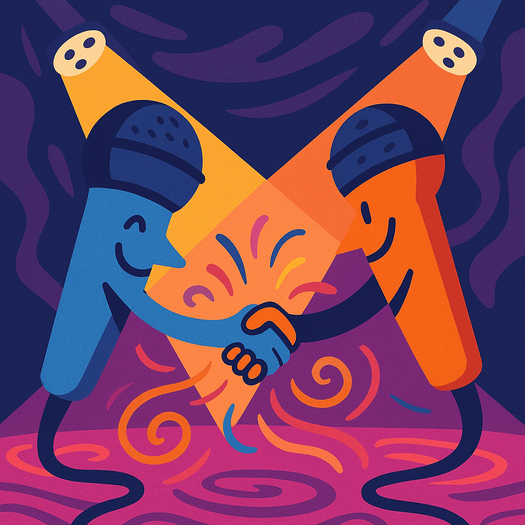Illustration av tåå mikrofoner som skakar hand framför en virvlande, färgglad bakgrund.