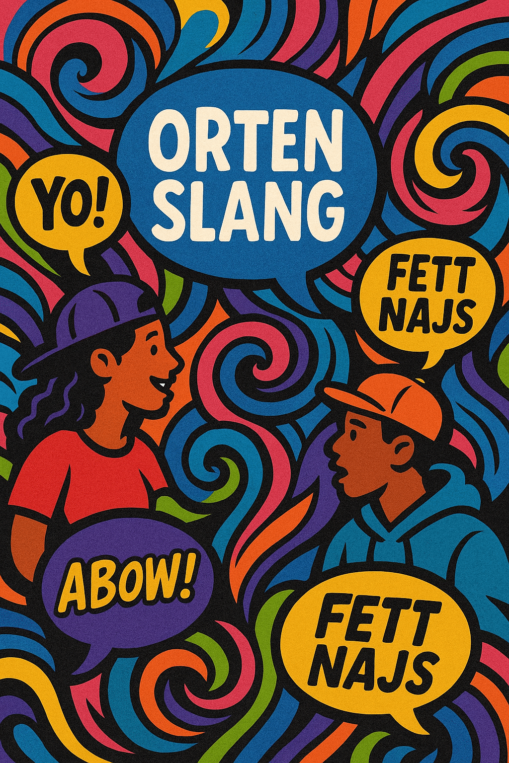 1dfc757f-cff7-45fe-8288-d2e35d3812eb Illustration med färgglada pratbubblor och ord som symboliserar slang, två figurer som pratar.