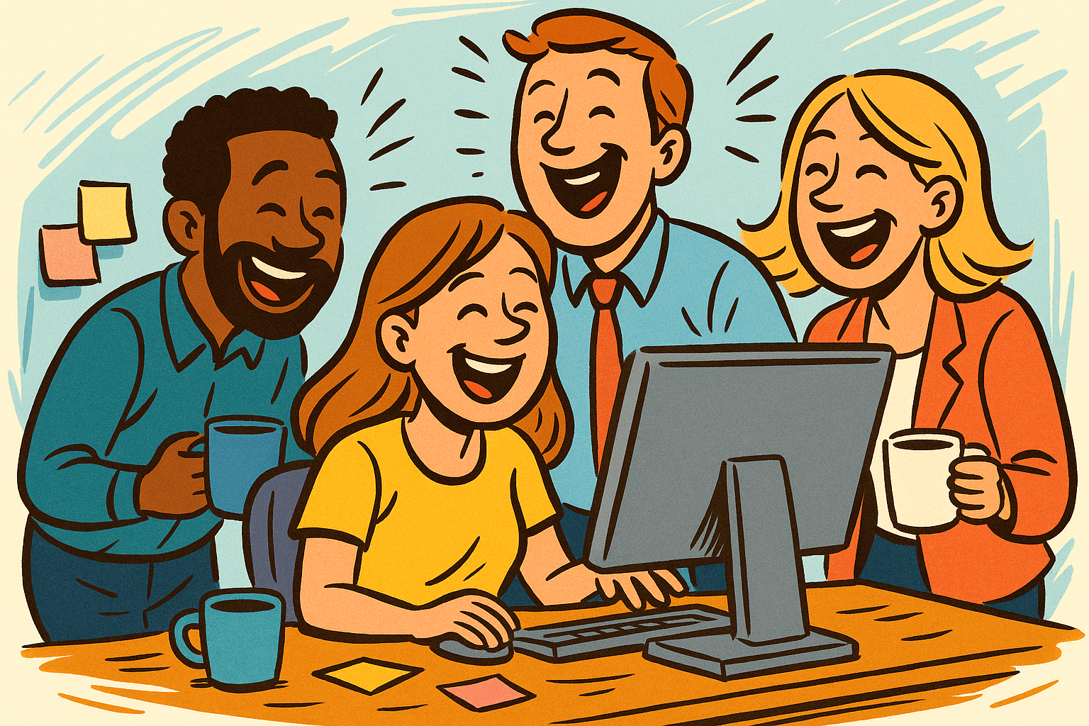 Tre kollegor sitter framför en dator och skrattar tillsammans i färgglad tecknad stil.5f15d09a-3143-4fe2-8bae-2ae7a8aef271 Tre kollegor sitter framför en dator och skrattar tillsammans i färgglad tecknad stil.