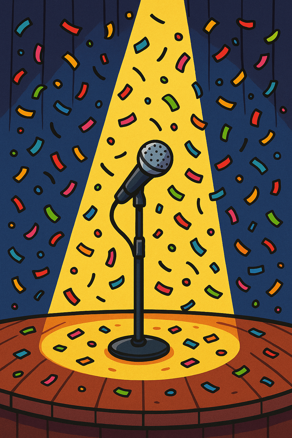 6558f7ac-51f9-4c1b-926d-738d66e3352a Illustration av mikrofon i strålkastarljus med konfetti