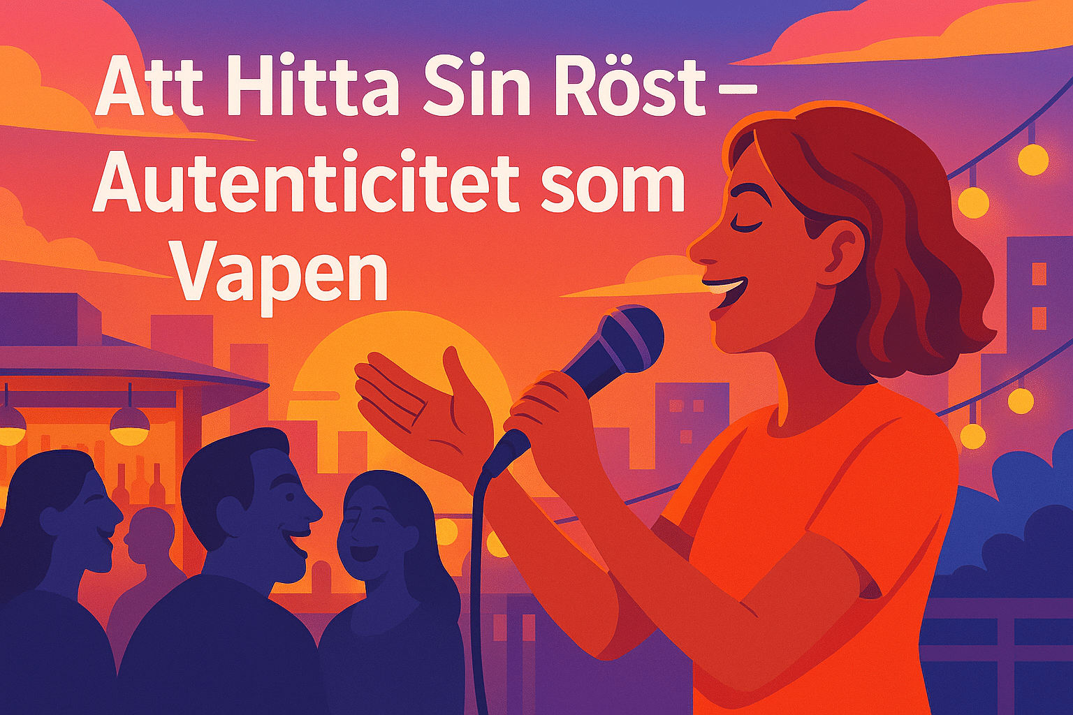 Att hitta sin röst – autenticitet som vapen Illustrerad affisch med en kvinna som sjunger eller talar i mikrofon, med texten "Att hitta sin röst – autenticitet som vapen".
