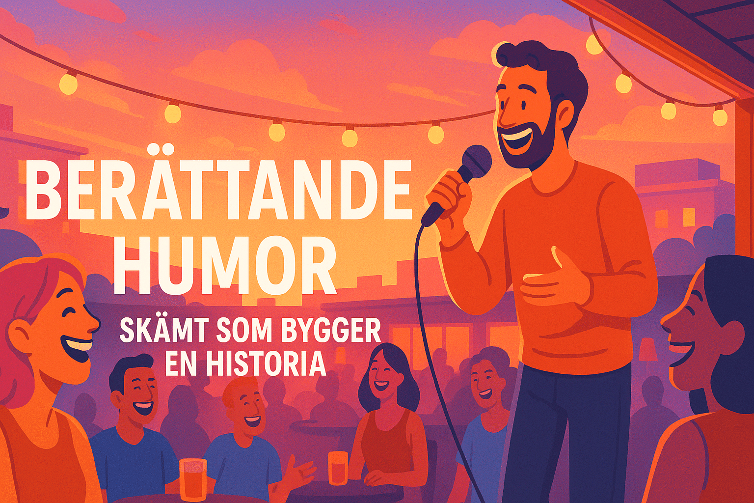 Illustrerad affisch med texten ”Berättande humor – skämt som bygger en historia” och en standupkomiker som berättar ett skämt med mikrofon inför en skrattande publik i en bar.