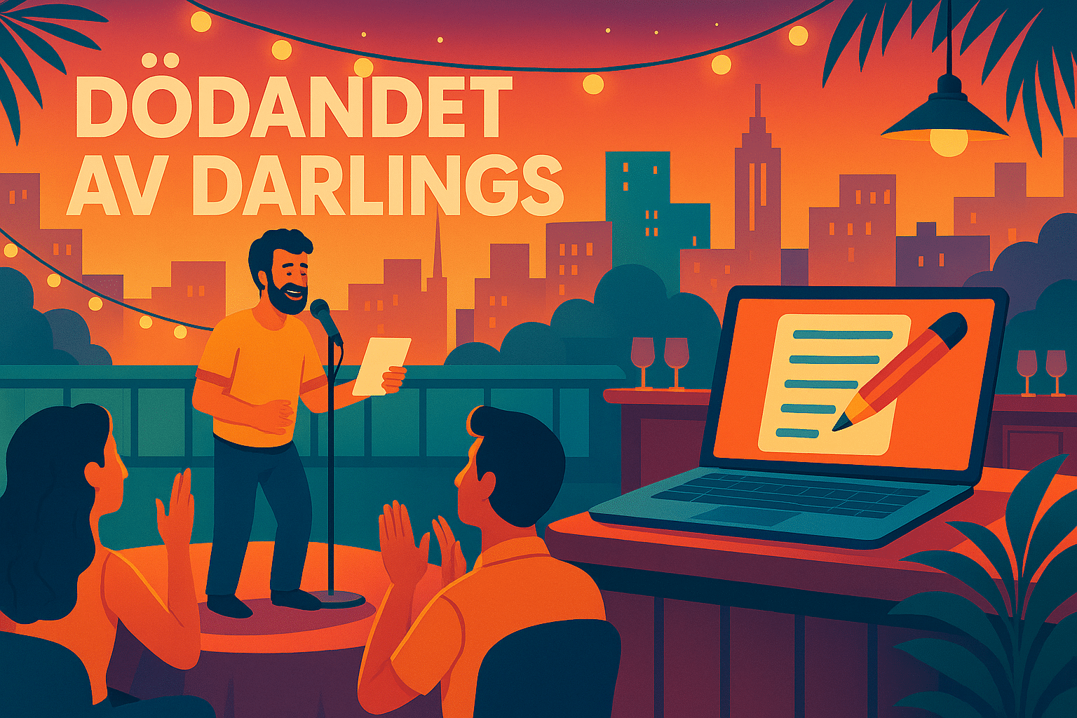 Affisch med texten "Dödandet av Darlings" som visar en ståuppkomiker på scen och en laptop med block och penna framför en engagerad publik.