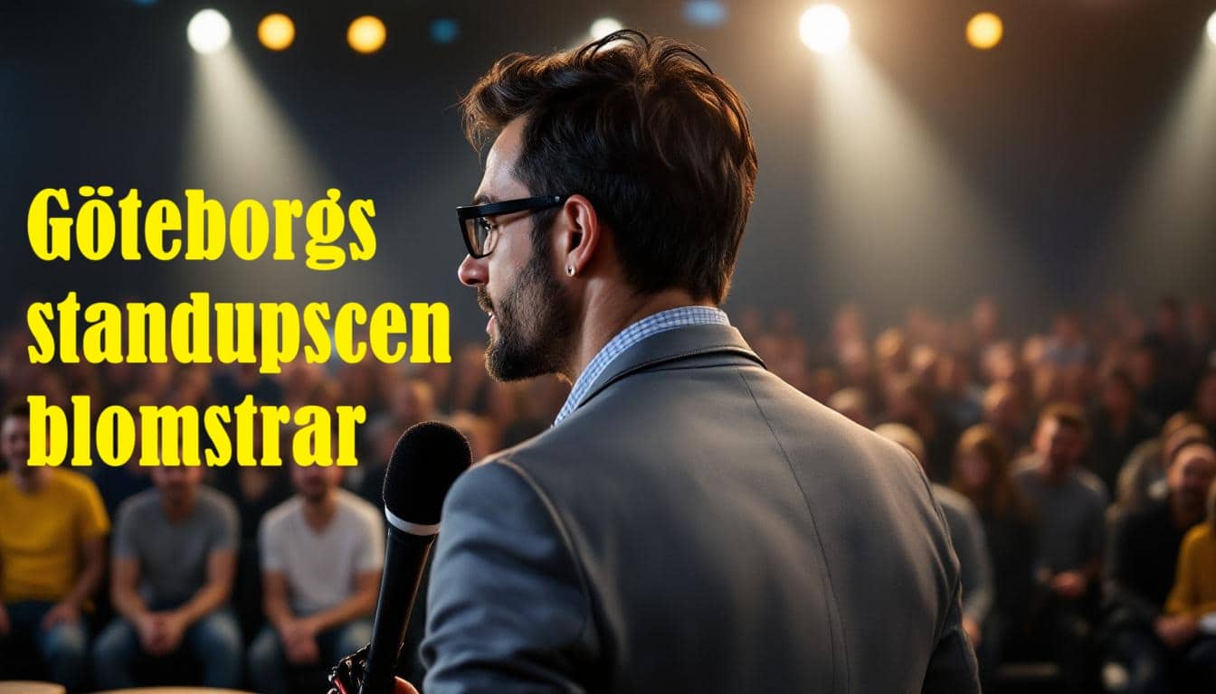 Manlig komiker med glasögon talar i mikrofon på standupscen i Göteborg med publik i bakgrunden och gul text i förgrunden.