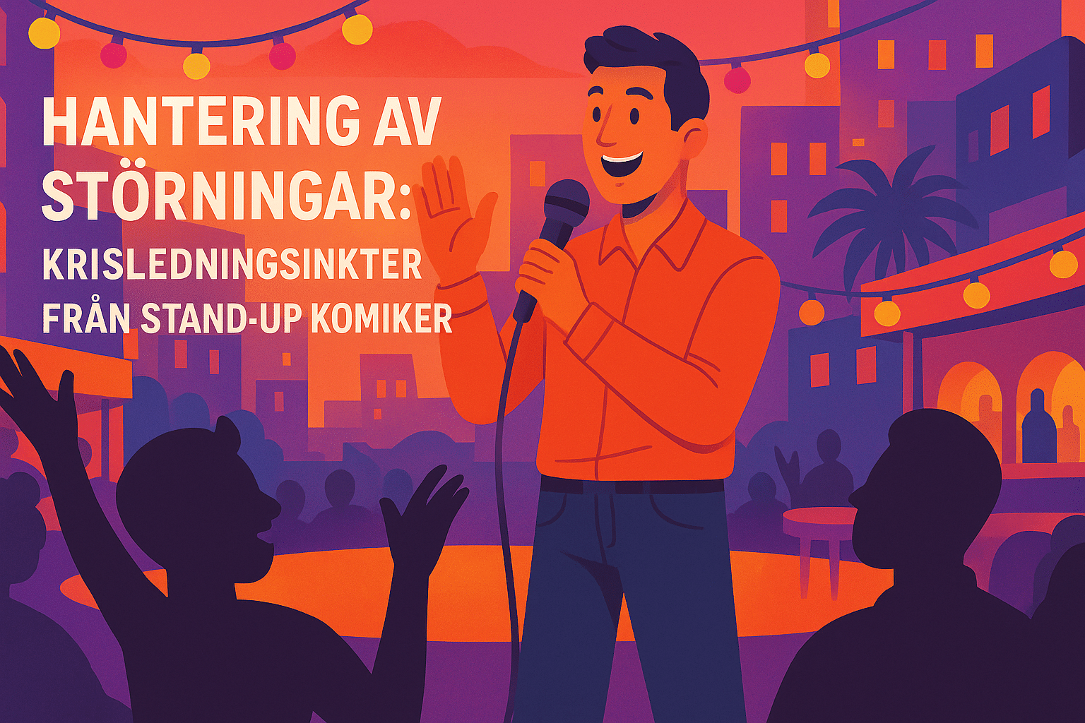Illustrerad affisch med en ståuppkomiker i orange skjorta som talar i mikrofon inför en publik, med texten "Hantering av störningar: krisledningsinsikter från stand-up komiker".
