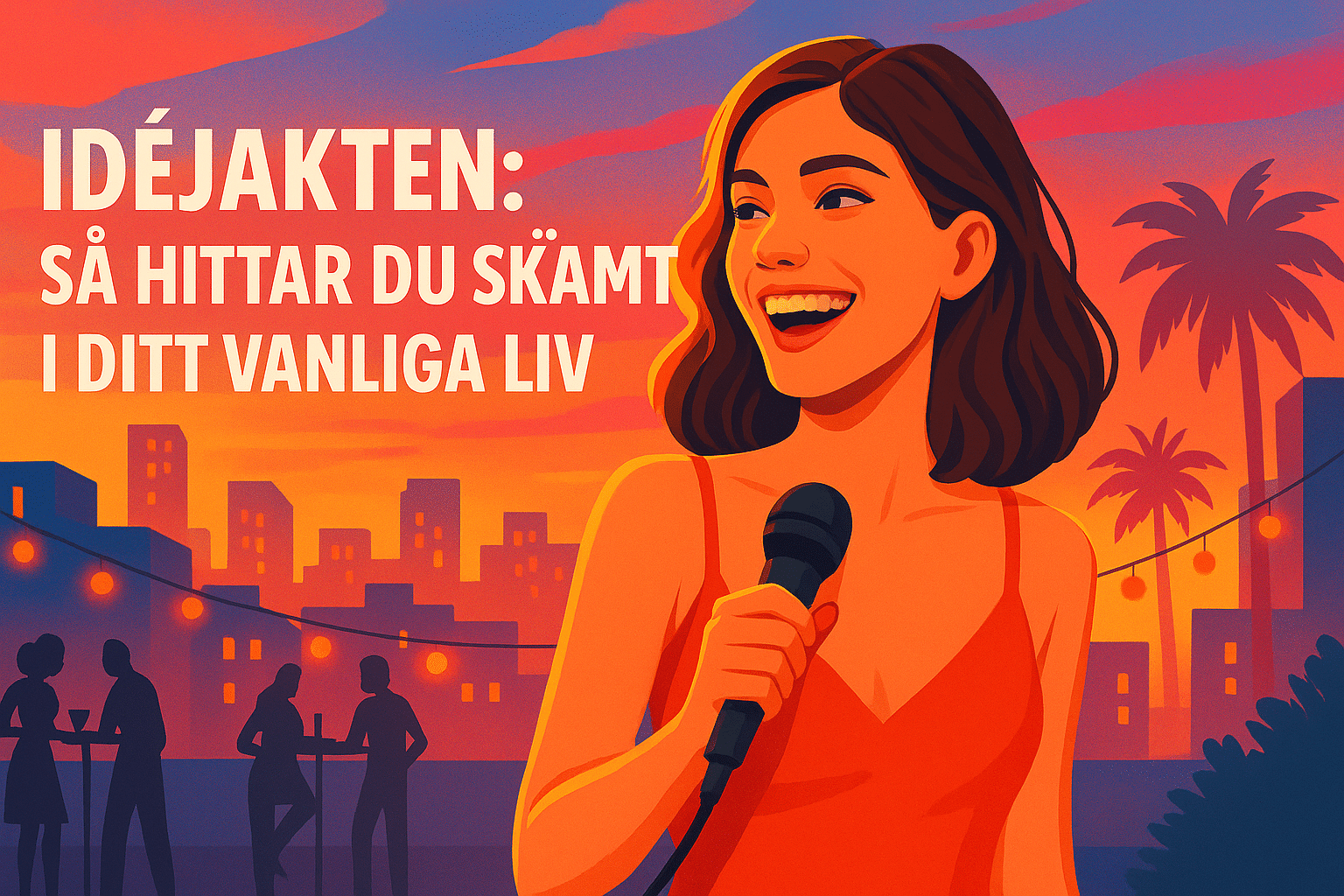 Idéjakten – så hittar du skämt i ditt vanliga liv Illustration av en leende kvinna med mikrofon och texten "Idéjakten: så hittar du skämt i ditt vanliga liv" mot en färgglad stadssiluett och palmer.
