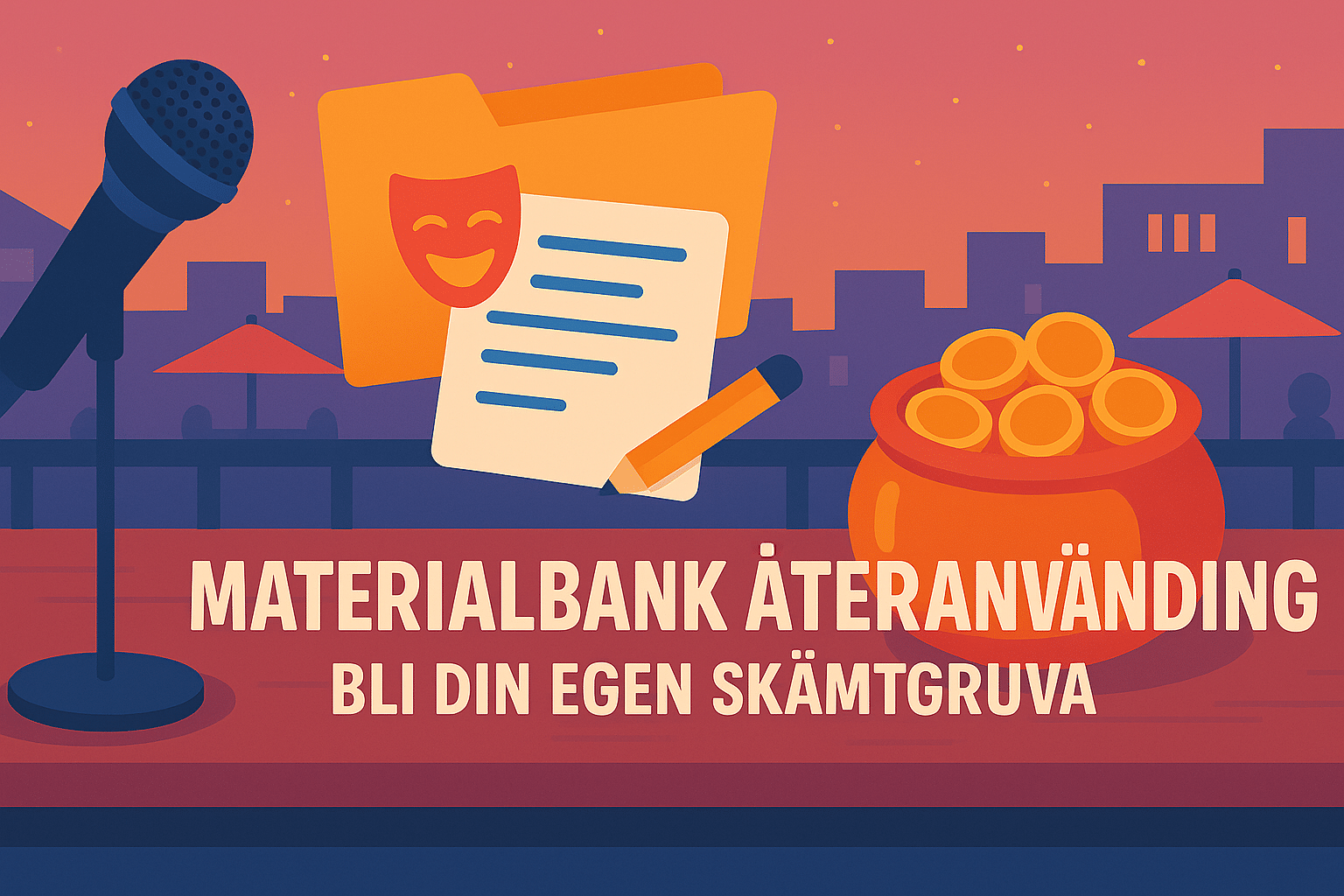 Illustrerad affisch med en mikrofon, teatermask på ett papper, penna och en guldskål med mynt, samt texten "Materialbank återanvändning – bli din egen skämtgruva".