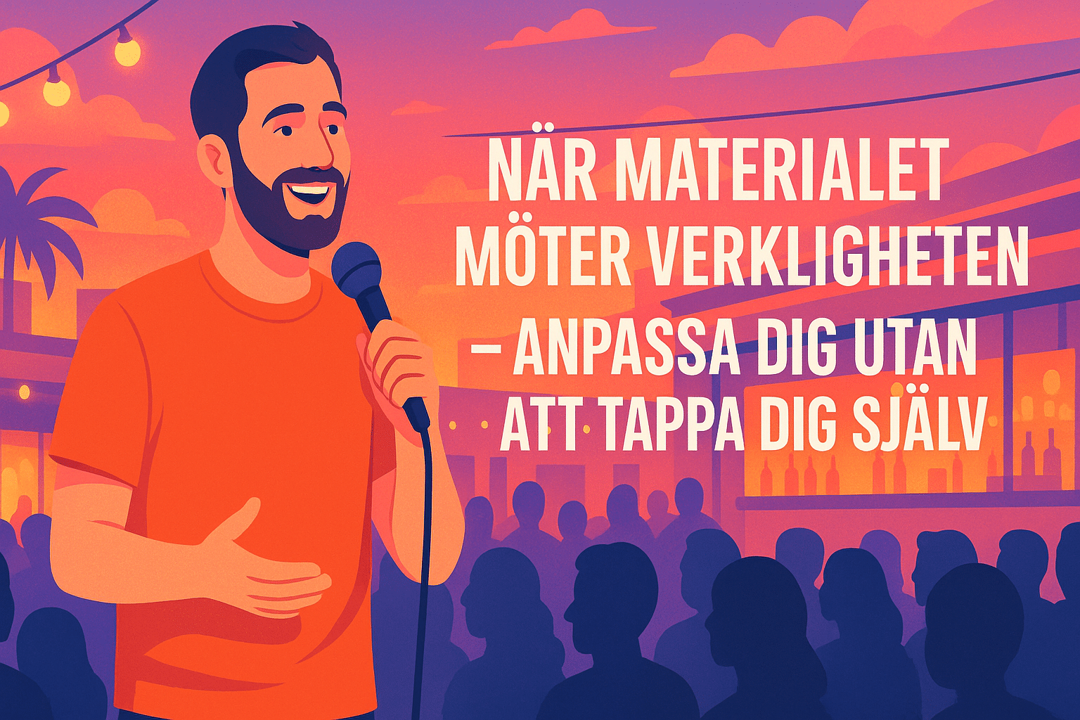Illustrerad affisch med en ståuppkomiker som håller en mikrofon och talar inför en publik, med texten "När materialet möter verkligheten – anpassa dig utan att tappa dig själv".