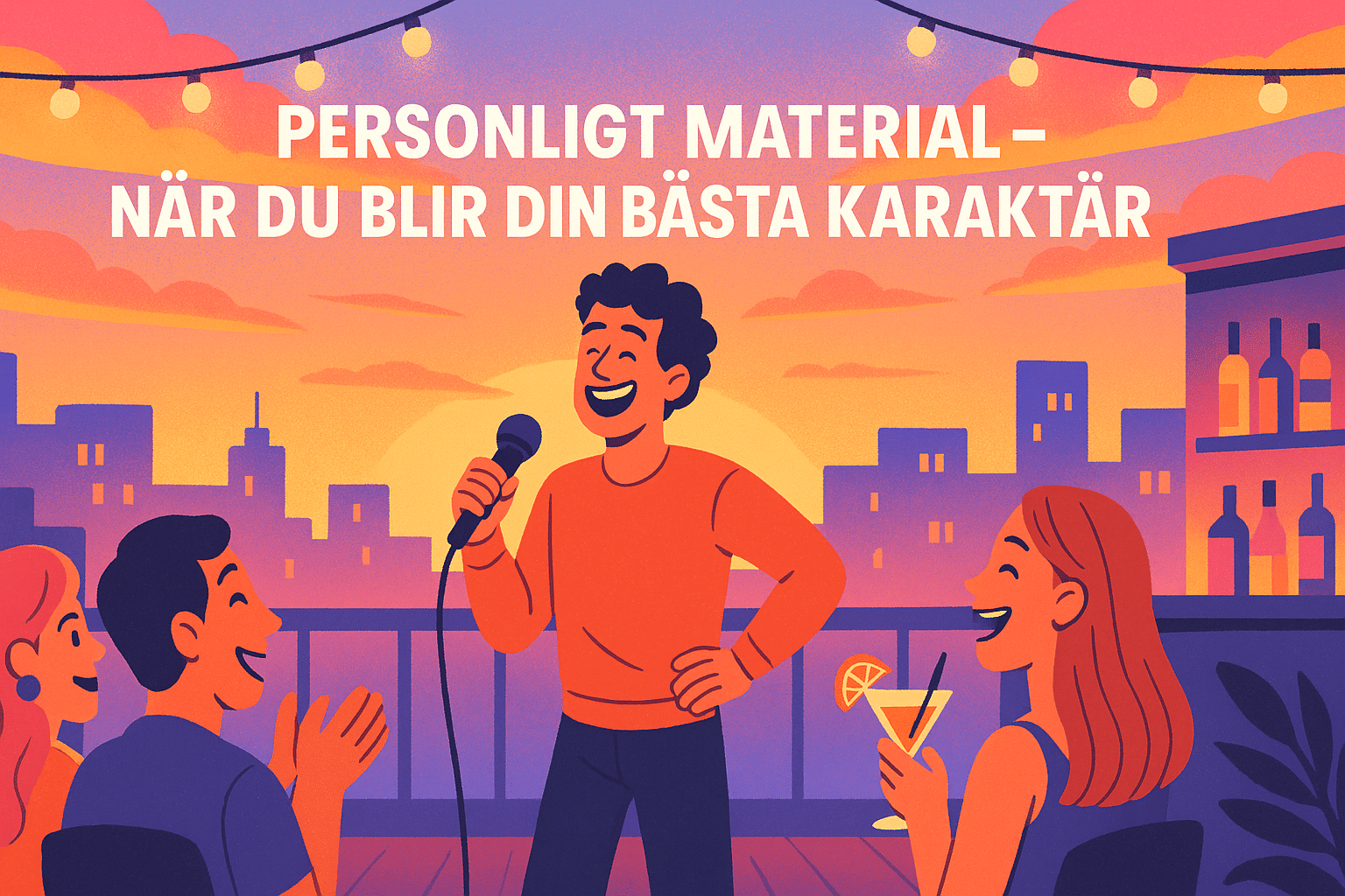 Illustration av en ståuppkomiker som uppträder i en bar med publik och texten "Personligt material – när du blir din bästa karaktär".