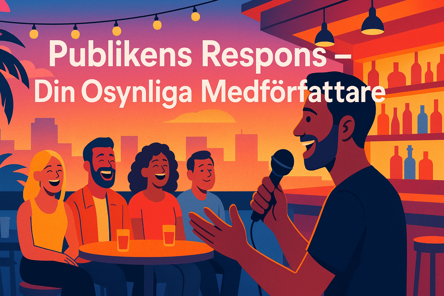 Illustrerad affisch med en ståuppkomiker som talar i mikrofon inför ett sällskap som skrattar, och texten "Publikens Respons – Din osynliga medförfattare".