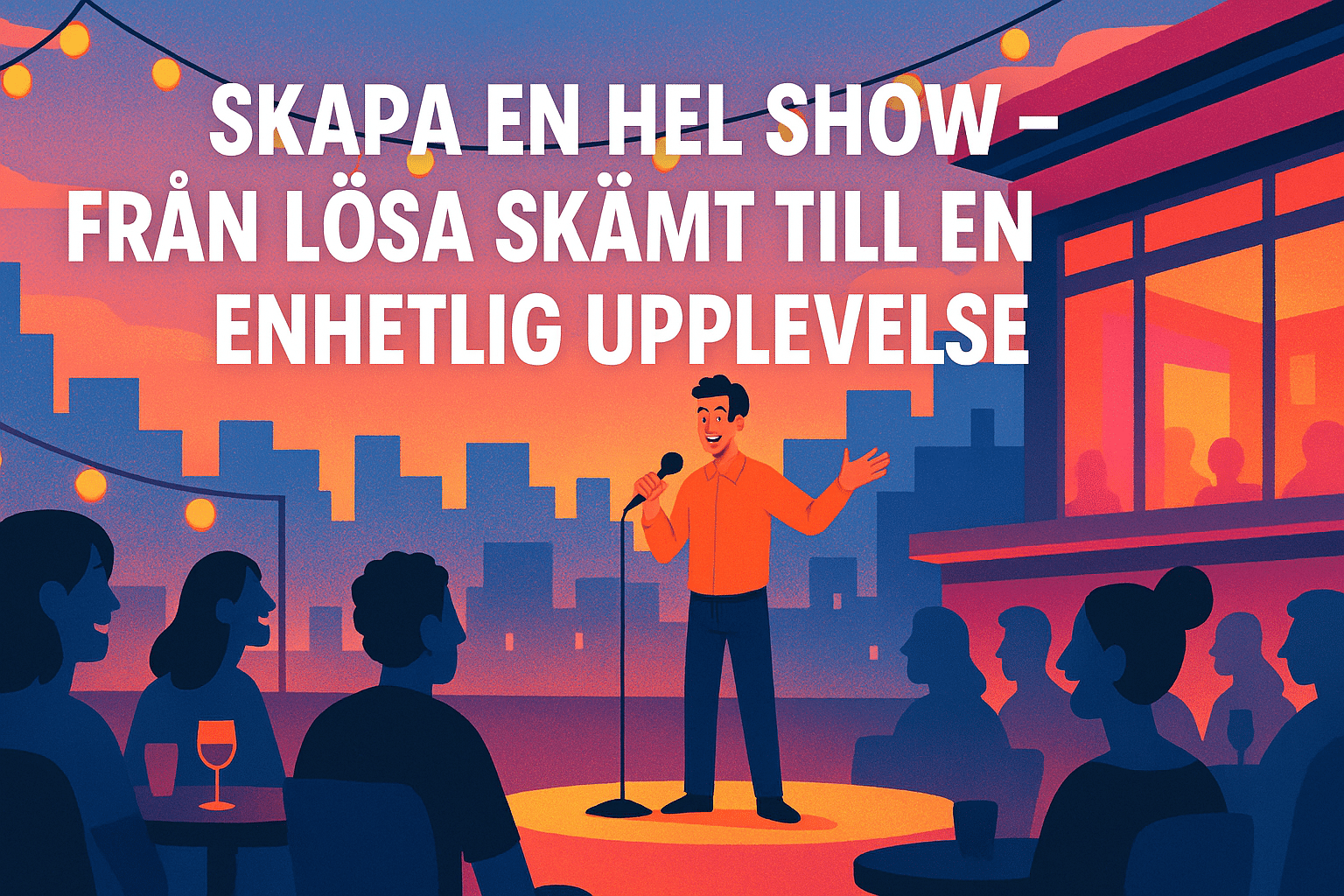 Illustrerad affisch med en standup-komiker som uppträder på scen inför en sittande publik i en bar, med texten "Skapa en hel show – från lösa skämt till en enhetlig upplevelse".