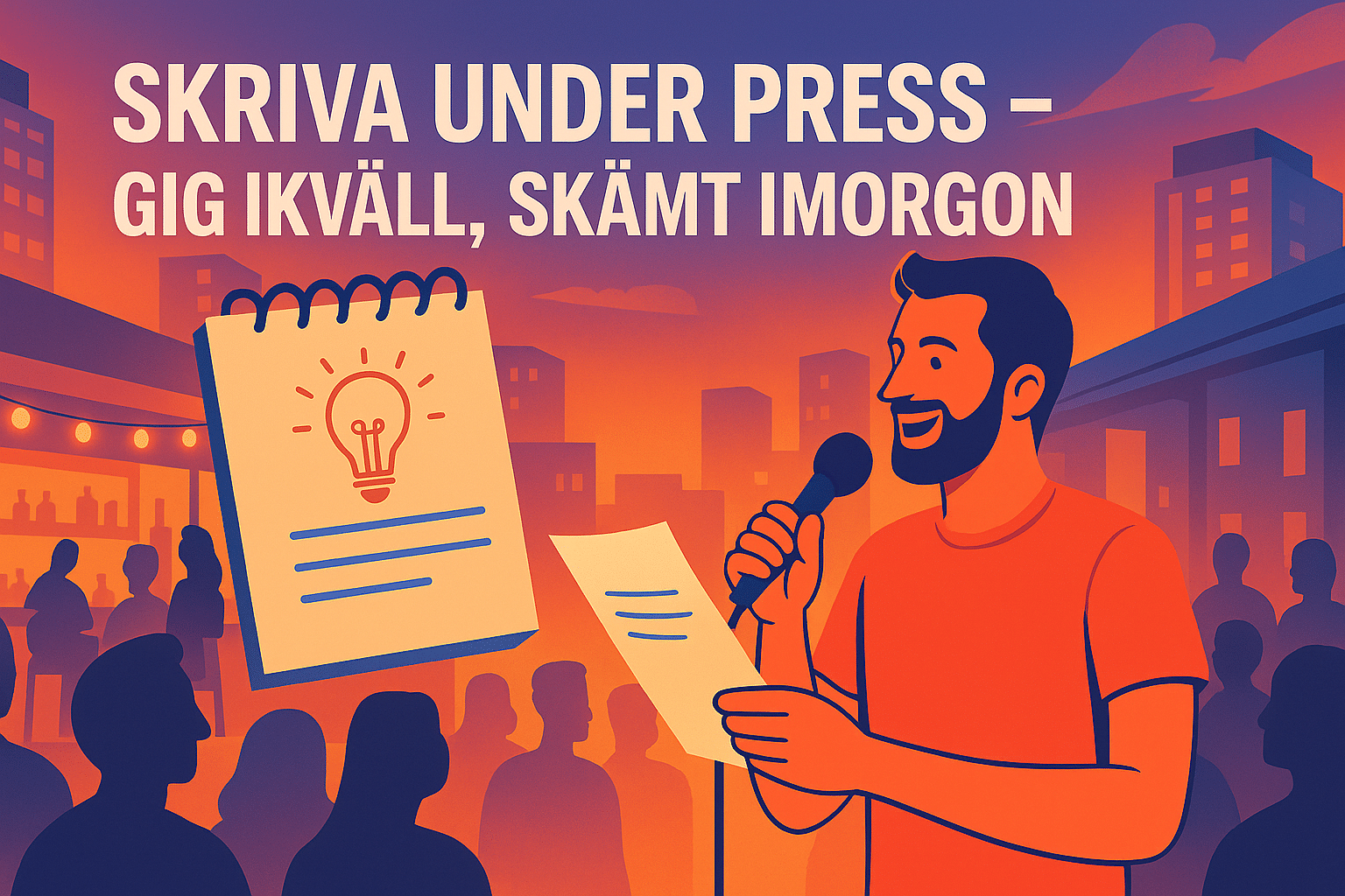 Illustrerad affisch med en skäggig man som håller ett block och mikrofon. Texten "Skriva under press – gig ikväll, skämt imorgon" syns i bakgrunden.