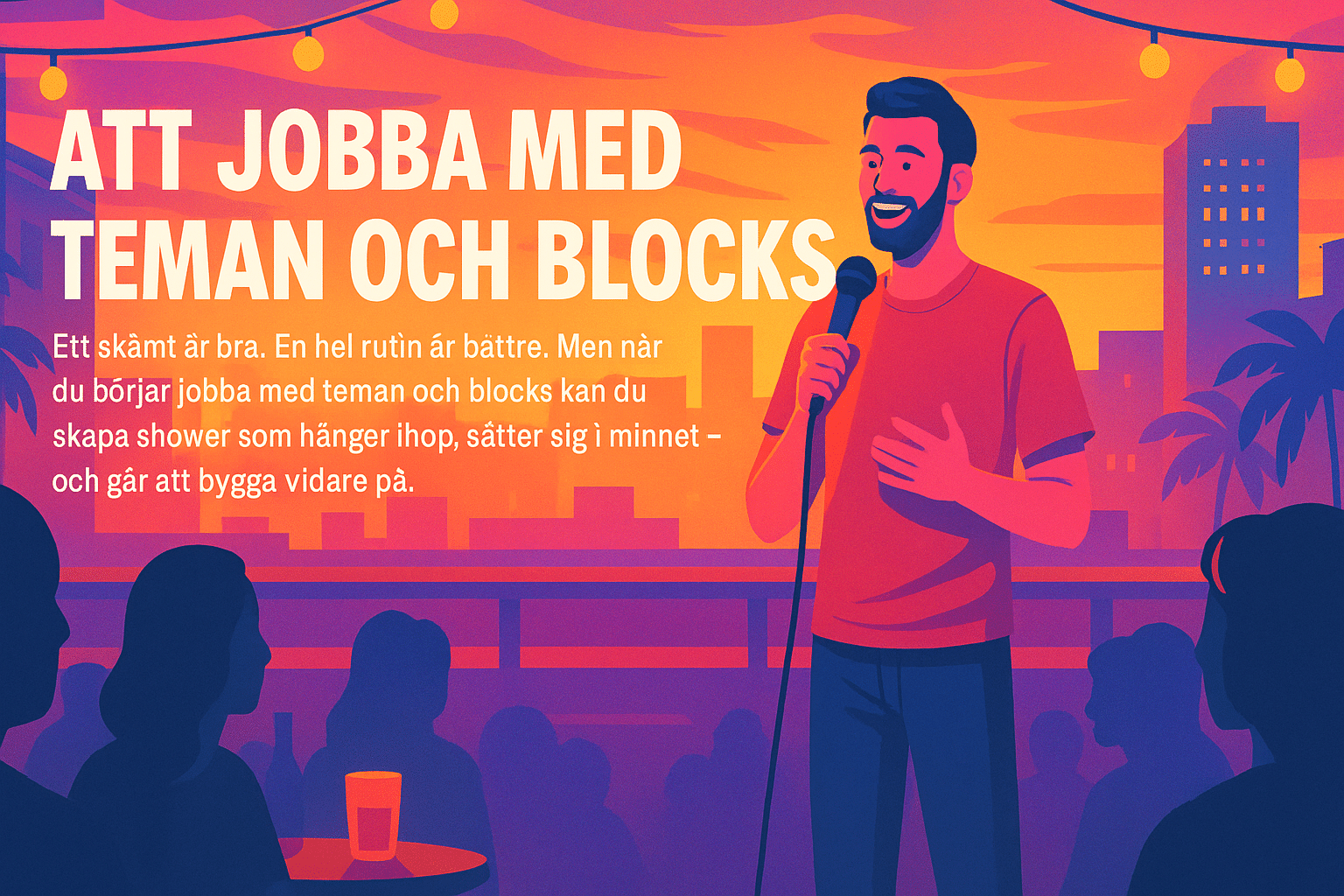 Illustrerad affisch med en ståuppkomiker som håller en mikrofon på scen och texten ”Att jobba med teman och blocks” mot en färg glad stadssilhuett.
