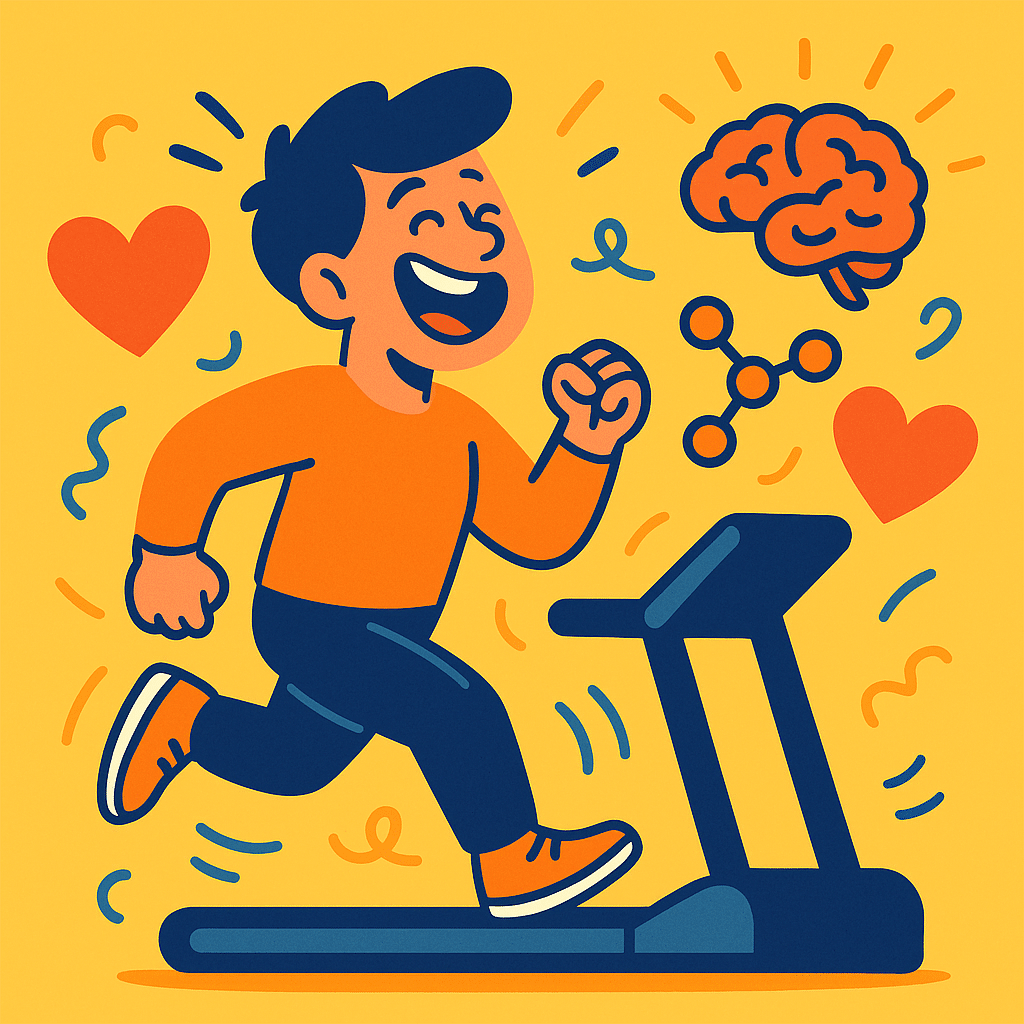 Illustration av person som joggar på löpband med hjärta, hjärna och molekyler som svävar för att symbolisera humorns hälsokraft.