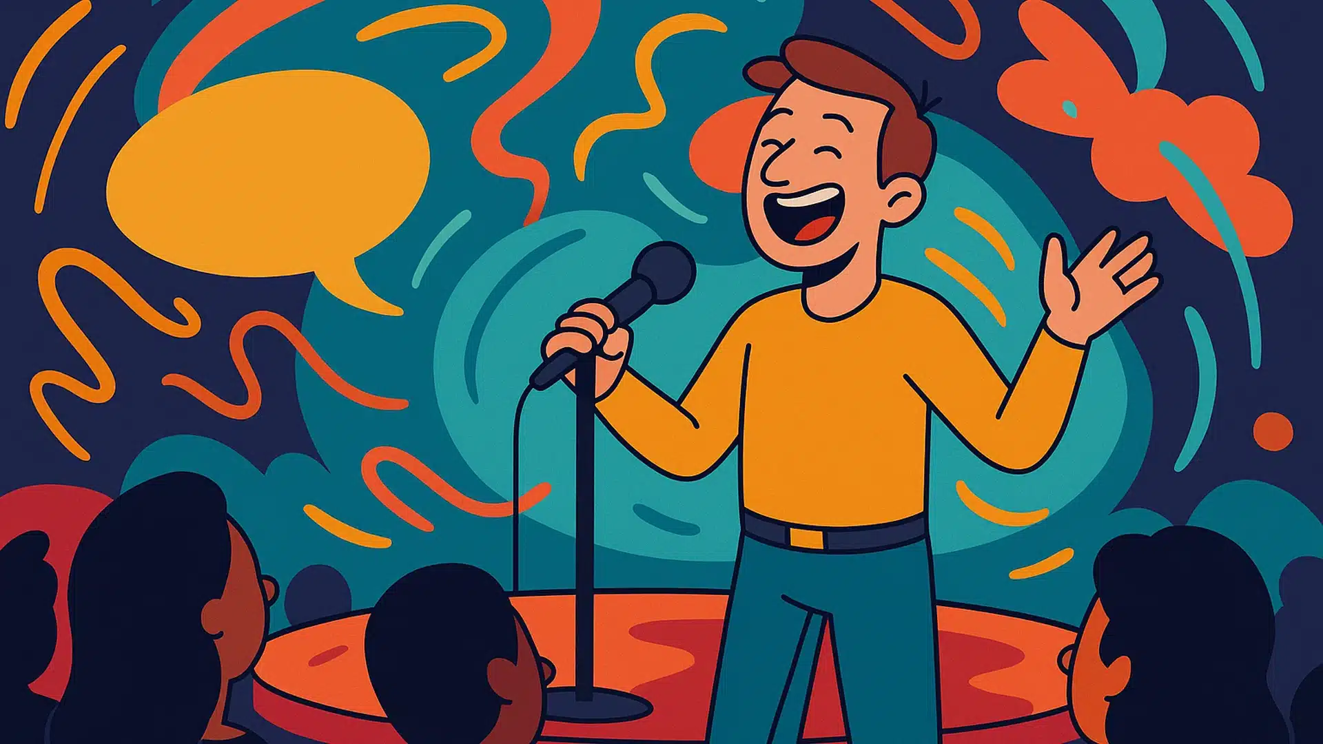 bra komiker illustration Färgglad illustration av en standupkomiker på scen med mikrofon och publikhav, virvlande mönster i bakgrunden