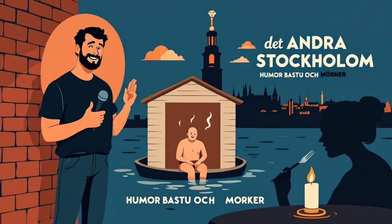Det andra Stockholm – humor, bastu och mörker Illustrerad affisch för standup-showen Det andra Stockholm med en komiker med mikrofon, en bastu och en siluett i mörker.