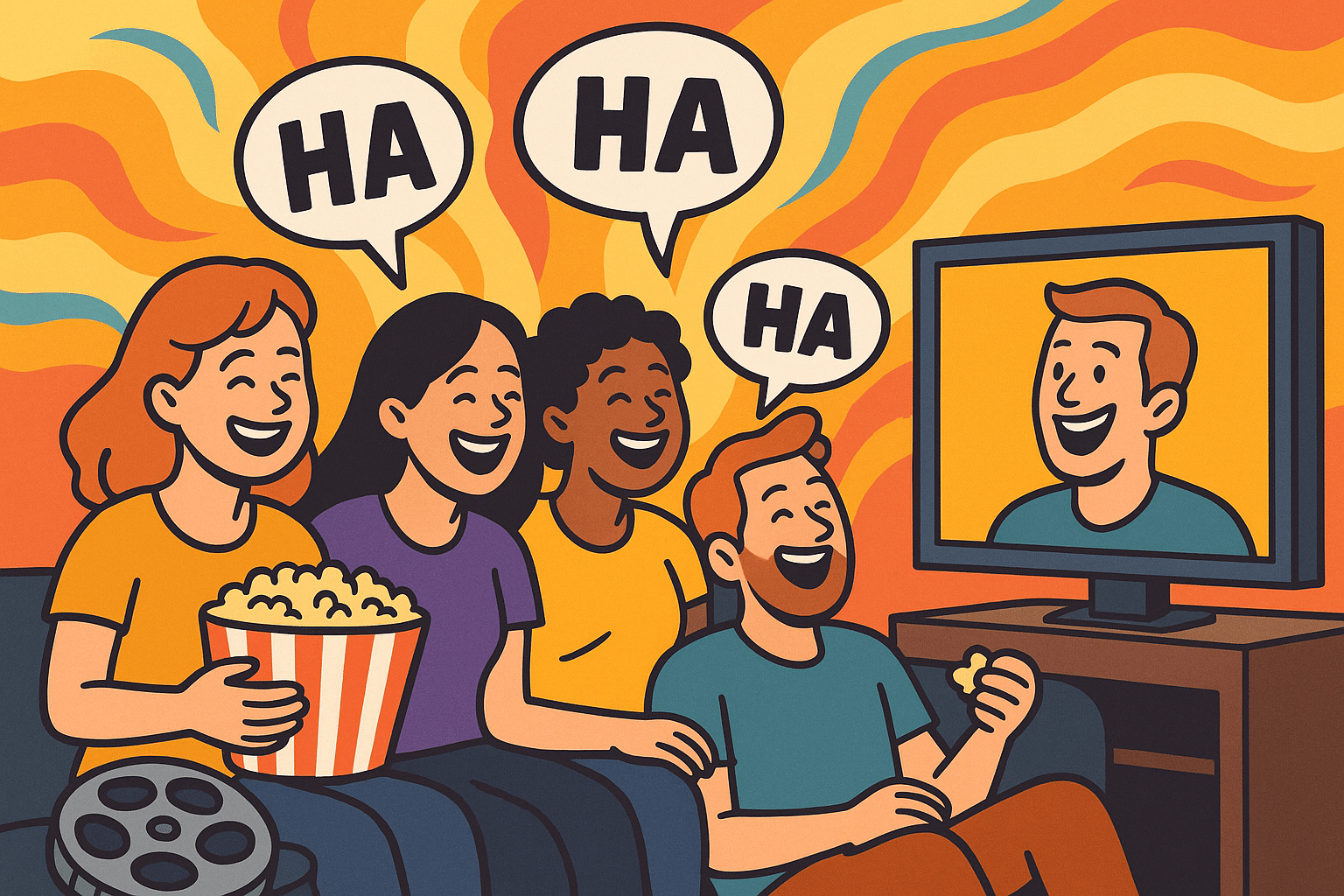 fc72120e-0737-4fb5-90de-eb87474a53e8 Illustration av vänner som sitter på en soffa och tittar på en rolig film, med popcorn och glada pratbubblor
