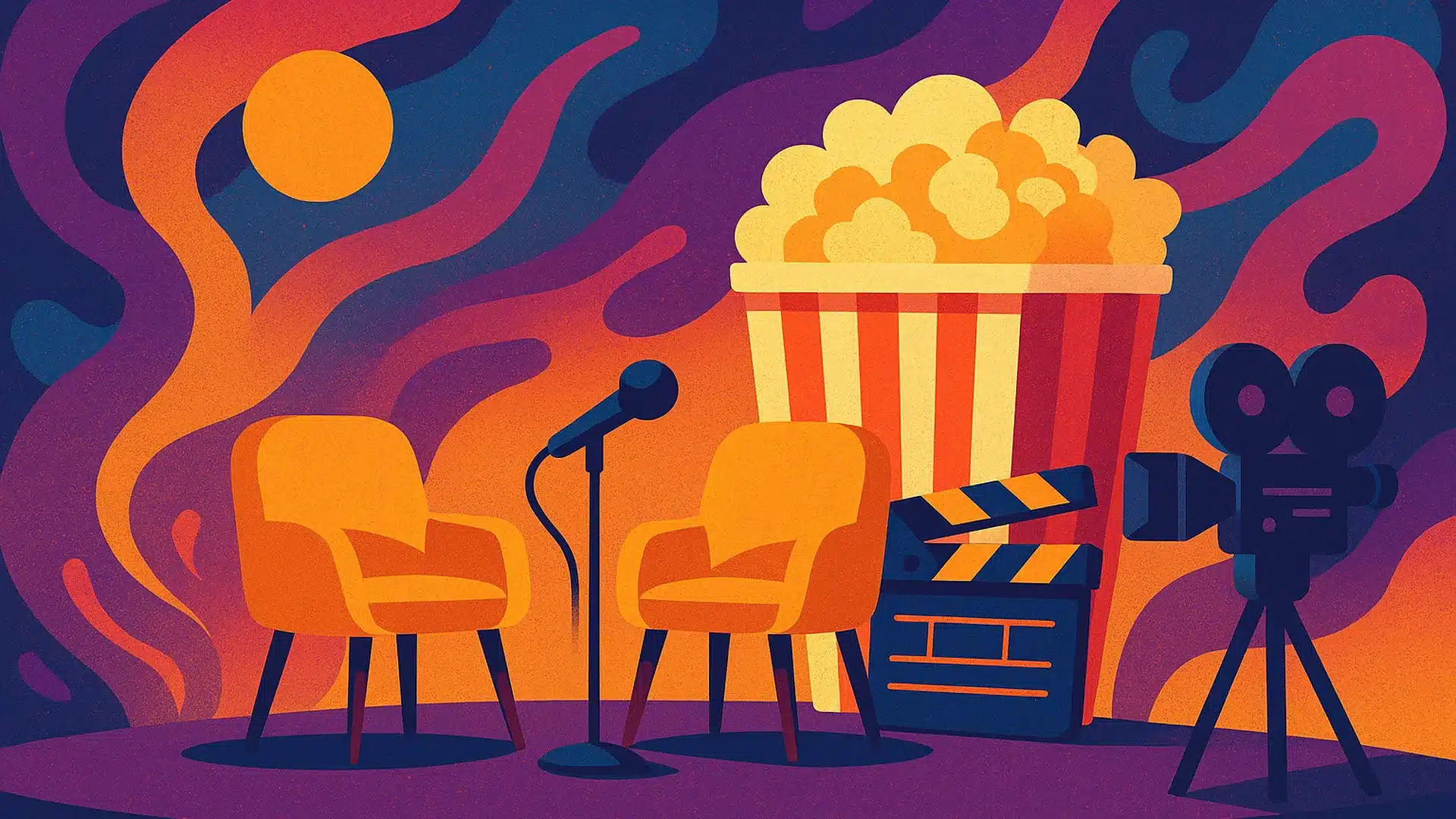on_cinema Abstrakt illustration av On Cinema – två stolar, mikrofon, popcorn och filmklappa i färgrik kuliss