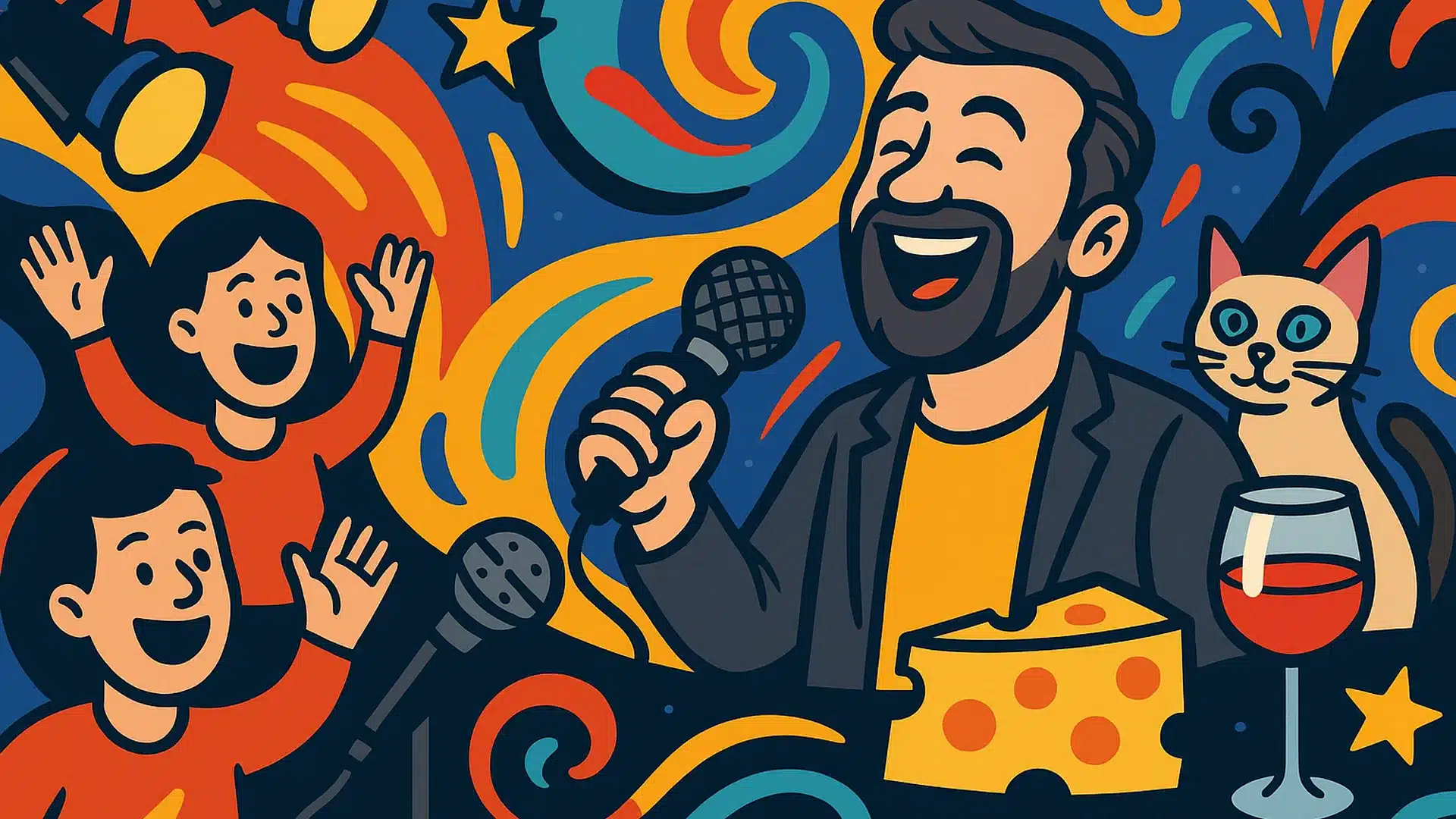 ricky_gervais Abstrakt illustration av komikern Ricky Gervais med mikrofon, ost, vin, katt och färgglada former