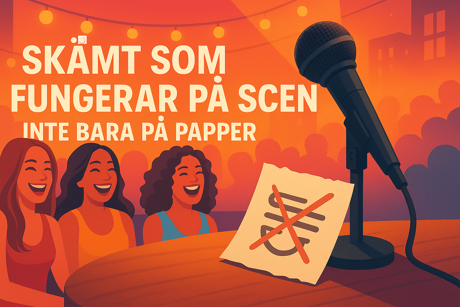 Illustration med tre skrattande kvinnor, ett mikrofonstativ och ett korsat papper med skämt på scen, samt texten "Skämt som fungerar på scen inte bara på papper".