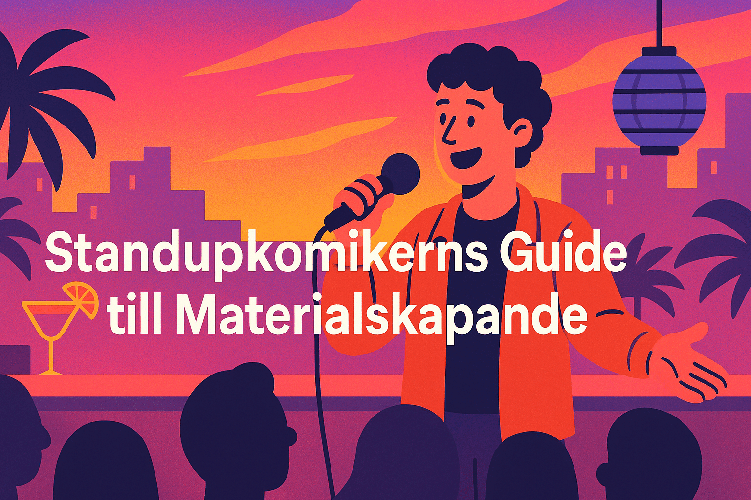 Standupkomikerns guide till materialskapande Illustrerad affisch med en standupkomiker som talar i mikrofon på en scen i en tropisk miljö med palmer och papperslyktor. Texten "Standupkomikerns Guide till Materialskapande" syns över bilden.