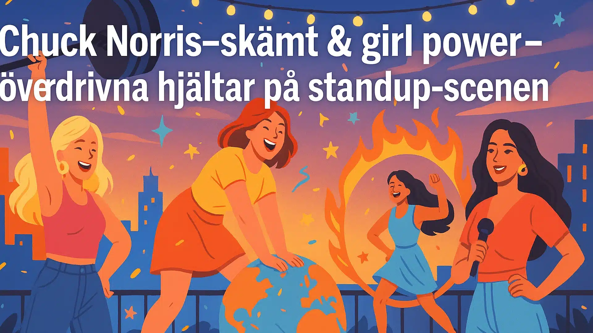 chuck_norris_header_final Illustration av fyra kvinnor som gör överdrivna hjältedåd på en standup-scen, inspirerad av Chuck Norris-skämt och girl power.