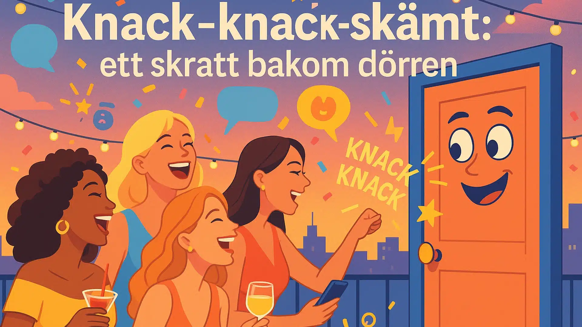 knack_header_final Illustration av fyra kvinnor som berattar knock-knock-skammt pa en takterrass, med en dorr, massor av skratt och sommarfarger.