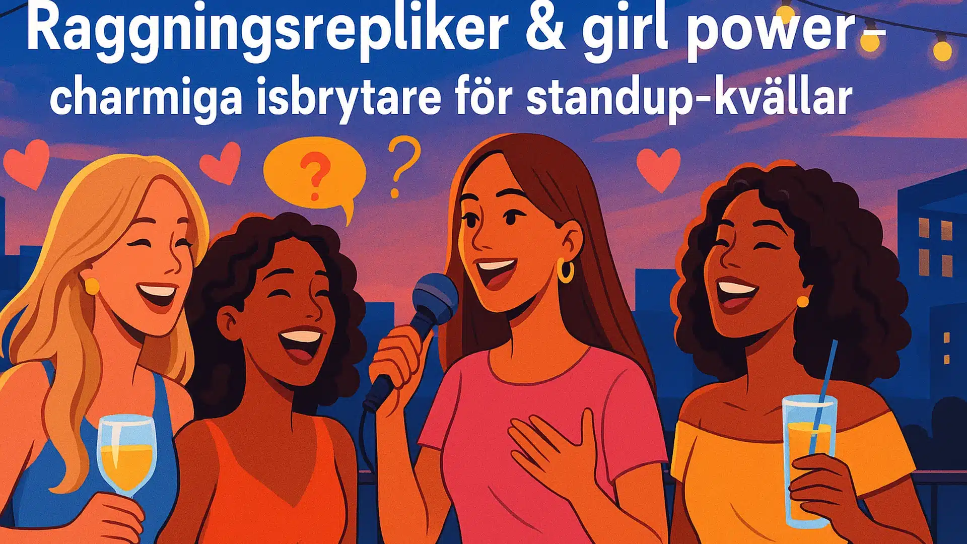 raggningsrepliker_header Fyra kvinnor skrattar och berättar raggningsrepliker på takbar, girl power