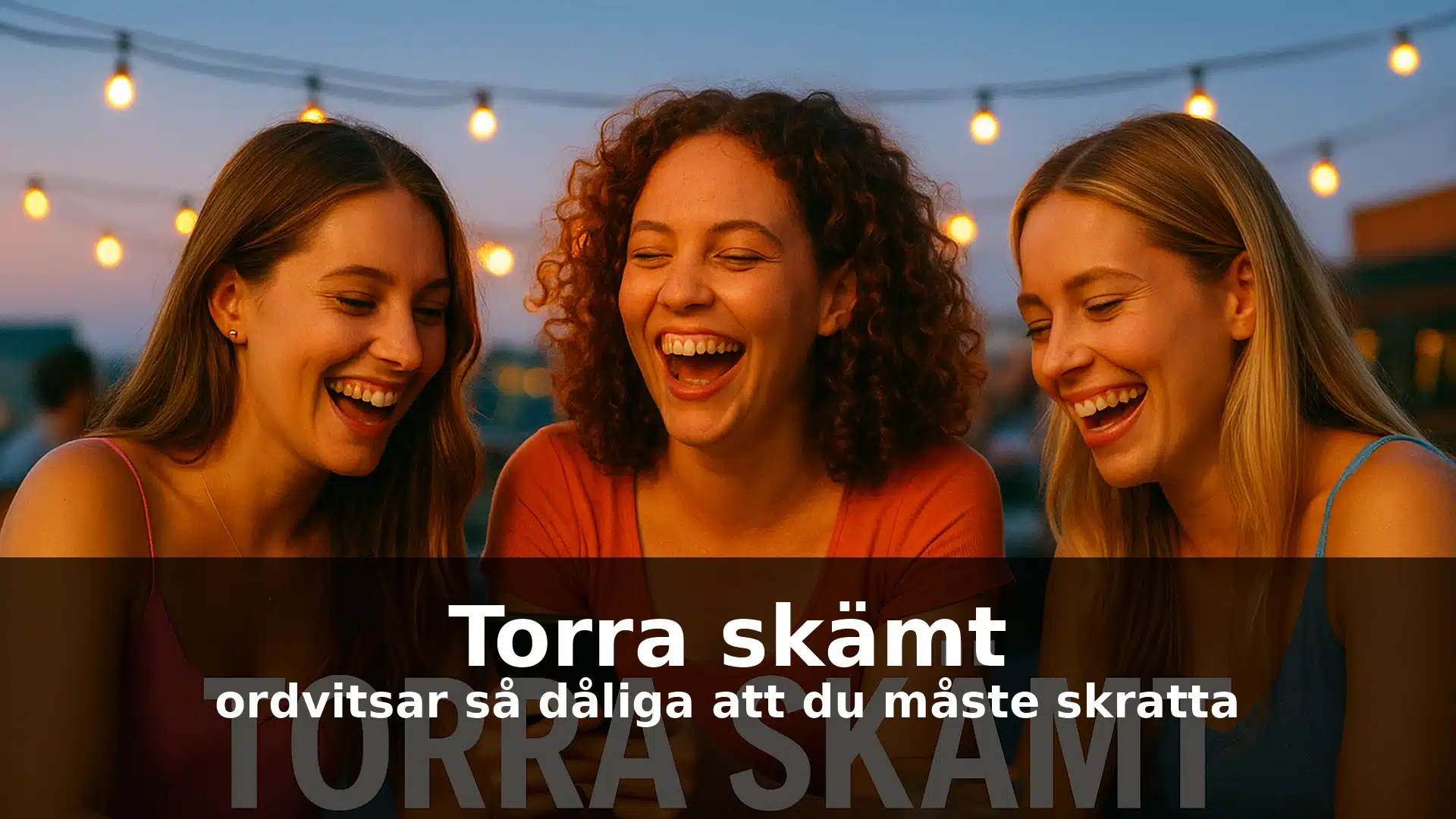torra_skam_header_final Tre kvinnor skrattar åt torra ordvitsar på en somrig takbar