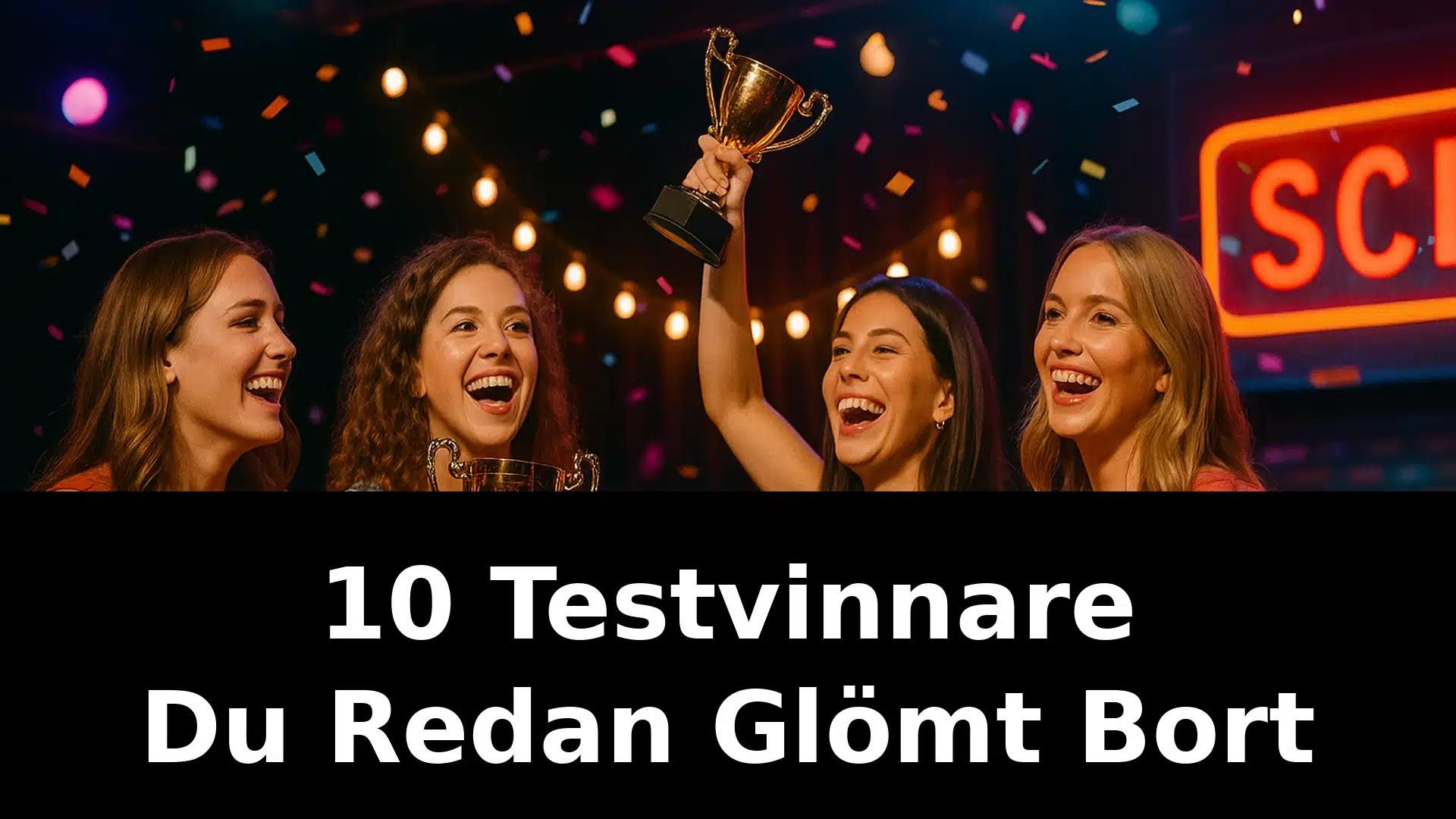 10_testvinnare_header_final Fyra kvinnor firar segern med troféer och konfetti på en standup-scen