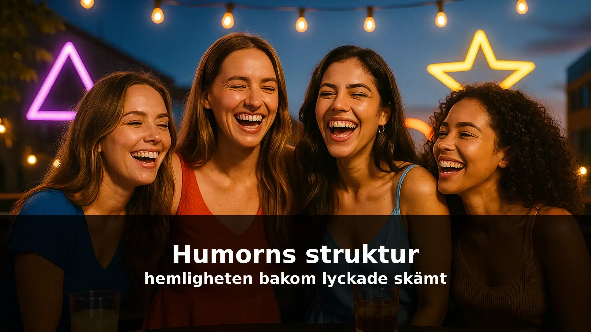 humorns_struktur_header_final Fyra kvinnor skrattar på en takbar med neonskulpturer och sommarkänsla