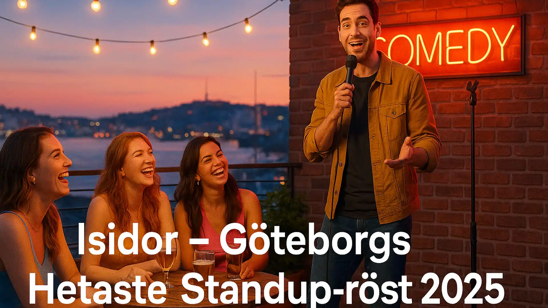 isidor_header_final En ung man uppträder stand-up på en somrig takbar i Göteborg medan tre kvinnor skrattar och njuter av kvällen.