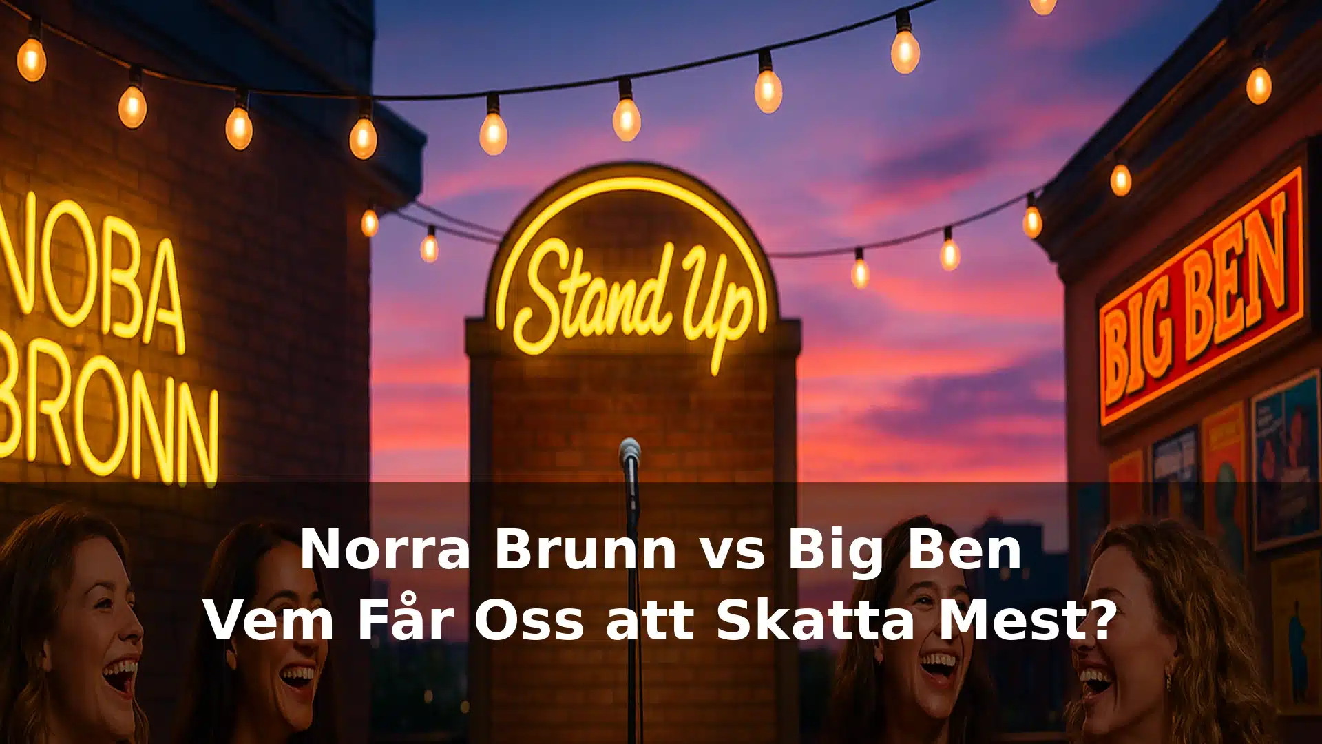 norra_brunn_vs_big_ben_header_final Publiken skrattar på en standupkväll på en takbar med neonljus i Stockholm