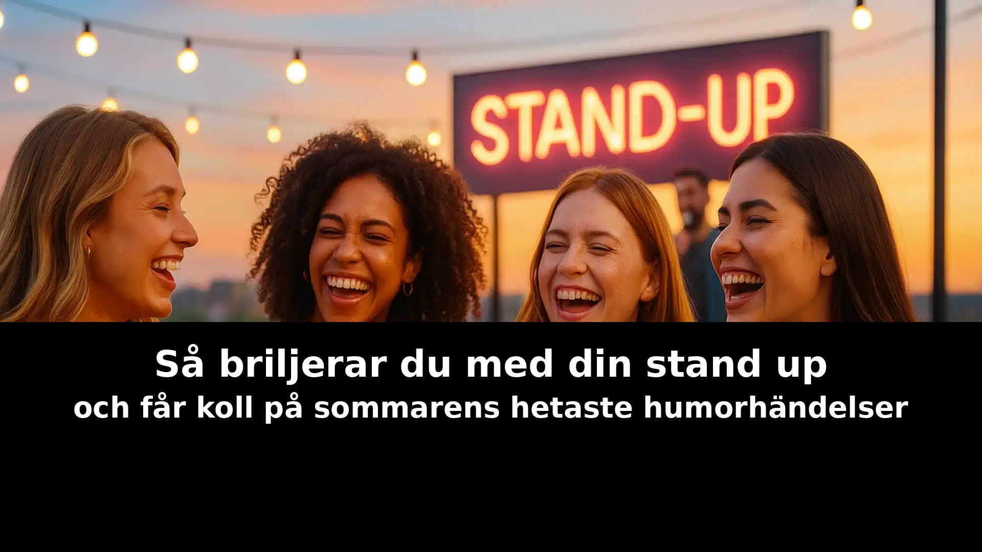 sa_briljerar_standup_header_final Fyra personer skrattar på en standupkväll på en takterrass i sommarkväll