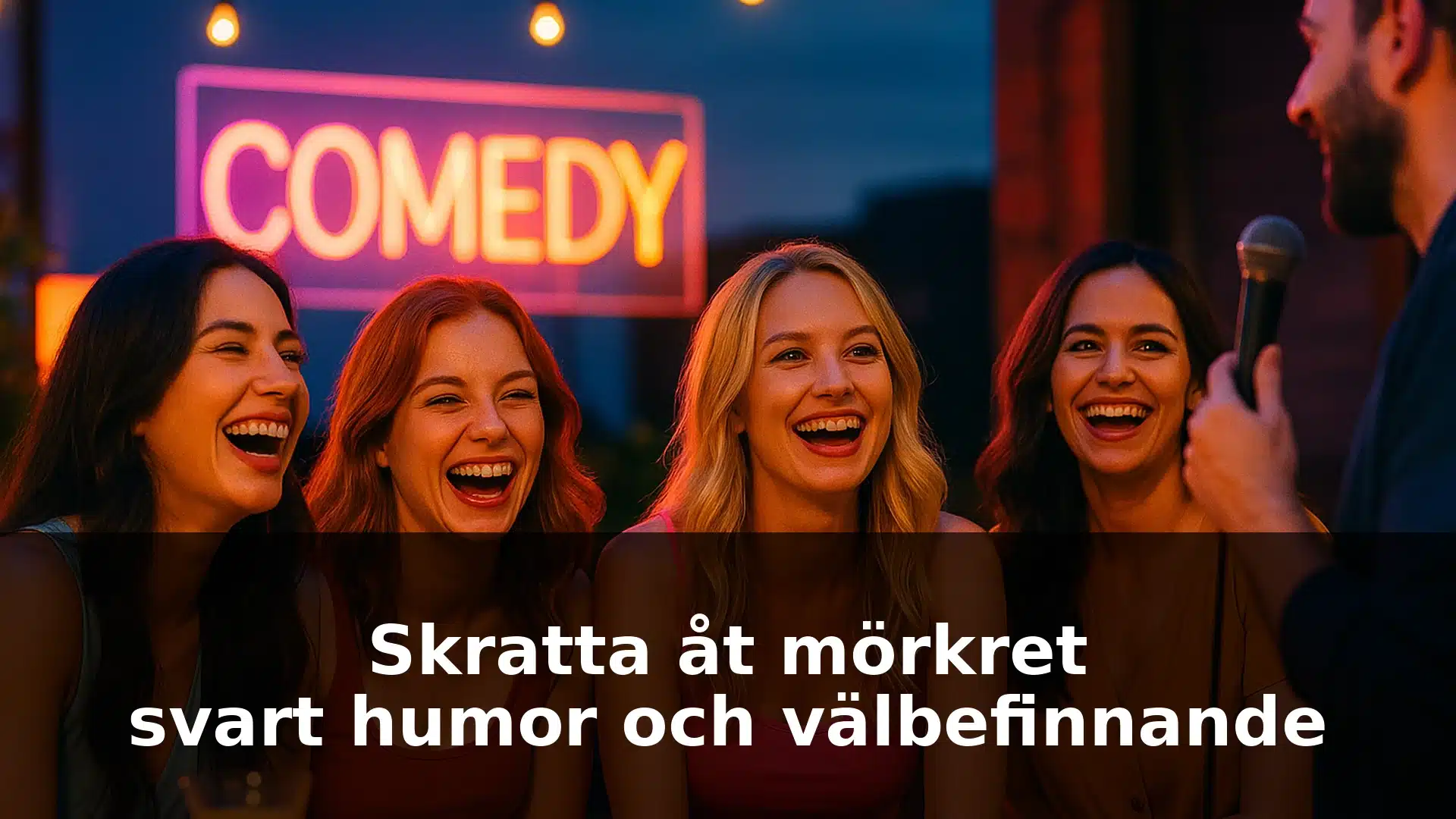 skratta_at_morkret_header_final Fyra kvinnor skrattar på en standupkväll med neonljus i bakgrunden.