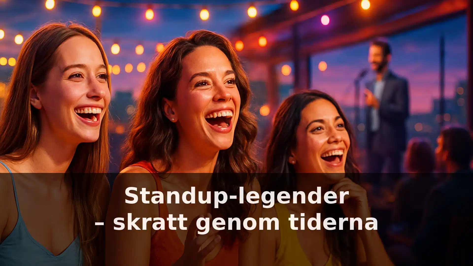 standup_legender_header_final Tre kvinnor skrattar på en takbar med en standup-komiker i bakgrunden