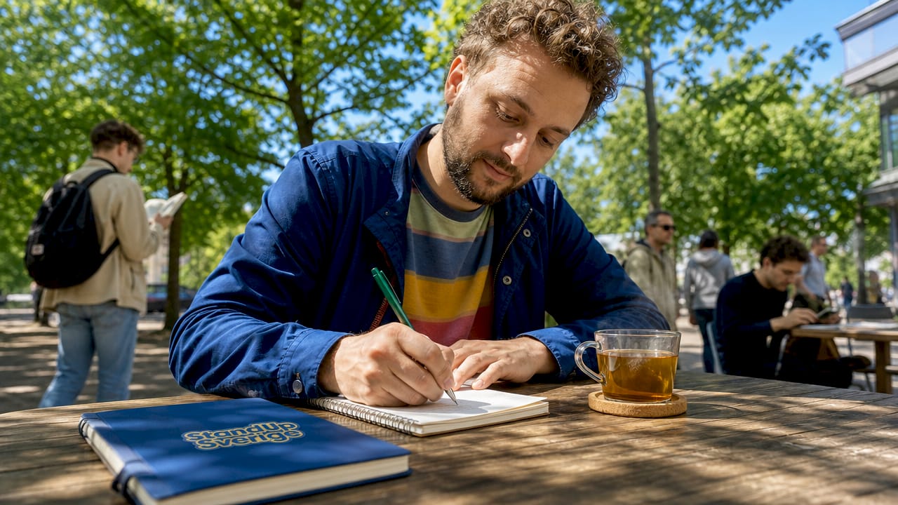 1780667555049_Standup-comedian-writing-jokes-in-cafe En komiker sitter på ett kafé och filar på nya skämt.