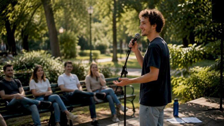 En komiker finslipar sitt standup-material på scenen inför ett uppträdande.
