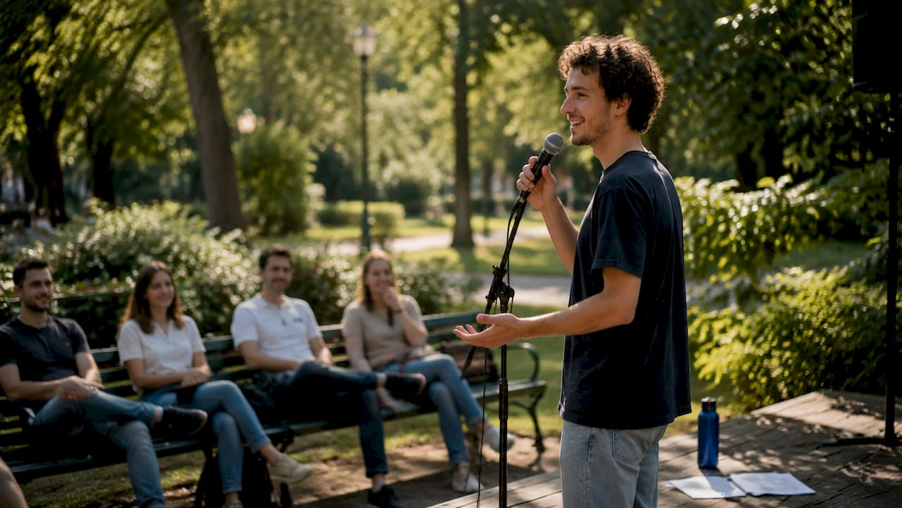 1780791504730_Comedian-rehearsing-standup-act-on-stage-1 En komiker finslipar sitt standup-material på scenen inför ett uppträdande.