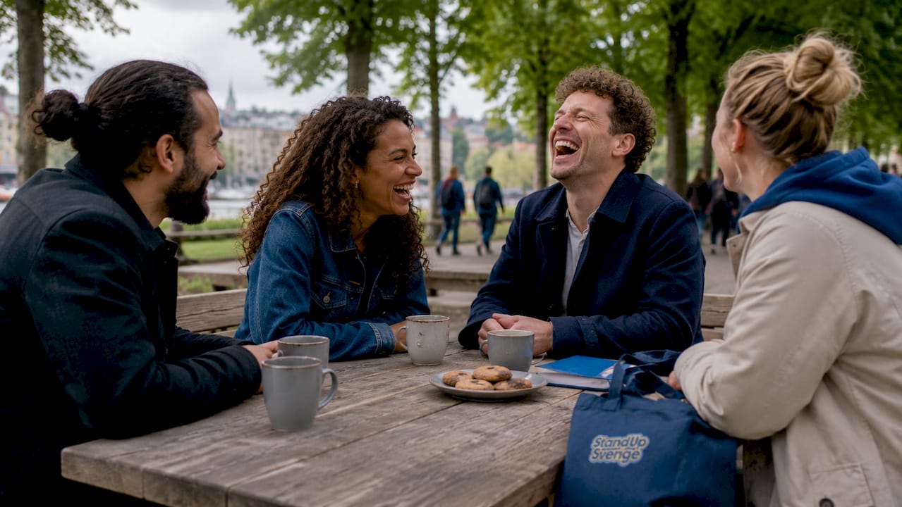 1780936397600_Group-of-people-laughing-together-outdoors Ett gäng vänner skrattar tillsammans ute i det fria.