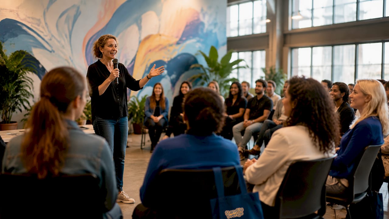 1781364344410_Facilitator-engaging-audience-during-event Moderatorn får publiken att engagera sig under evenemanget