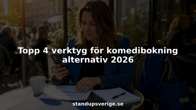 En eventarrangör sitter vid ett cafébord och planerar komediekvällar med hjälp av bokningsverktyg.