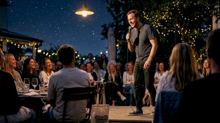 En standupkomiker intar scenen som kvällens huvudattraktion och bjuder på skratt inför en förväntansfull publik.