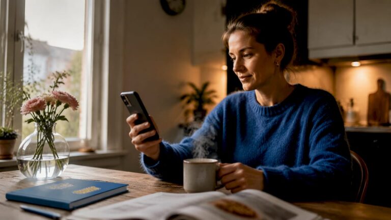 En kvinna sitter på ett café och köper biljett till en standupföreställning direkt i mobilen.