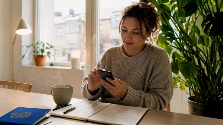 Kvinna sitter hemma i soffan och bokar biljetter till standup via mobilen.