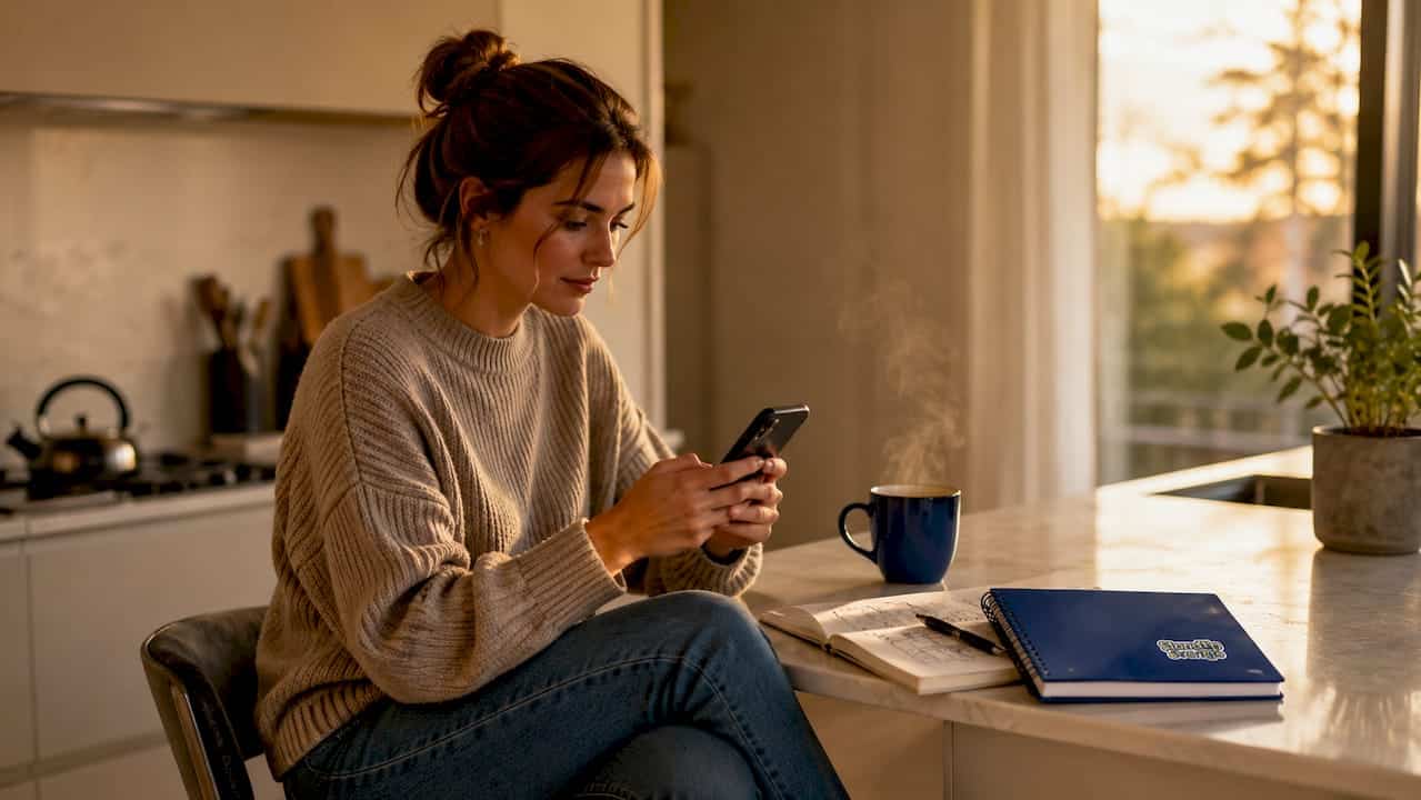 Kvinna tittar på standup hemma i soffan