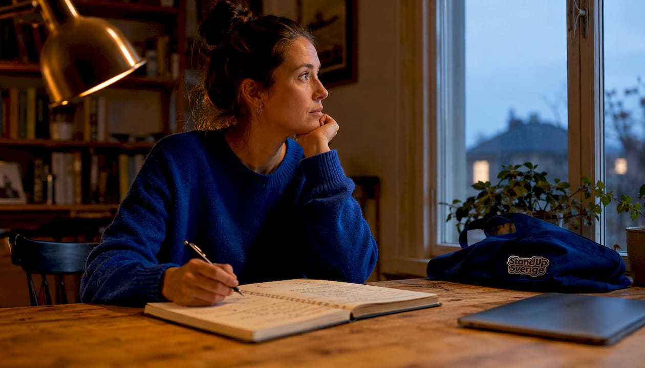 1785269087001_Woman-preparing-standup-notes-in-a-cafe En kvinna sitter på ett café och jobbar med sina standup-anteckningar.