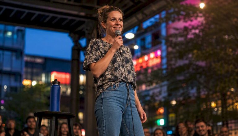 En kvinna går upp på scen och kör spontan standup inför publiken.